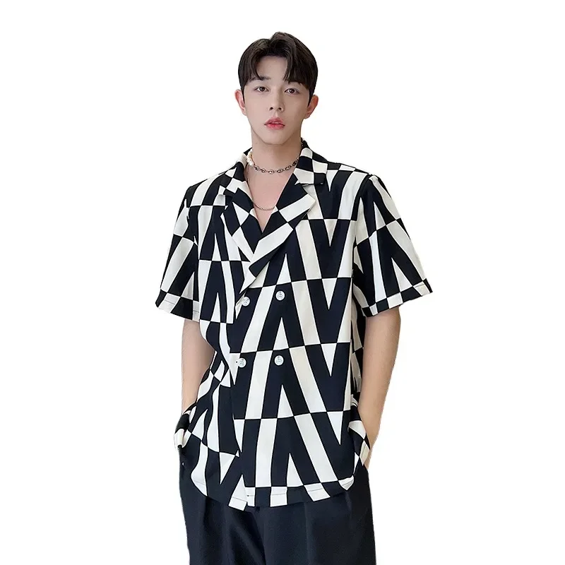 2023 Summer New Men's Korean Geometric Printing Temperament Shirt Long Sleeve Korean Versatile Fashion Shirt Trendy Top