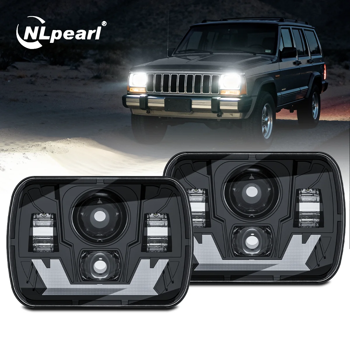 

2Pcs 5x7 Car Square Headlight White DRL Amber Turn Signal Hi/Low Beam For Jeep YJ Cherokee XJ Trucks H4 Headlamp Car Accessories