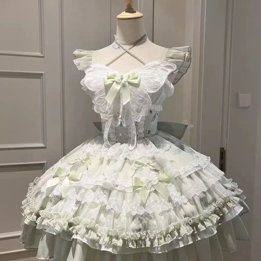 2026 New Sweet Lolita Dress Women Ruffled Lace Halter Neck Cute Dress Bow Princess Party Dress Kawaii Gothic Cosplay Costume - Image 3