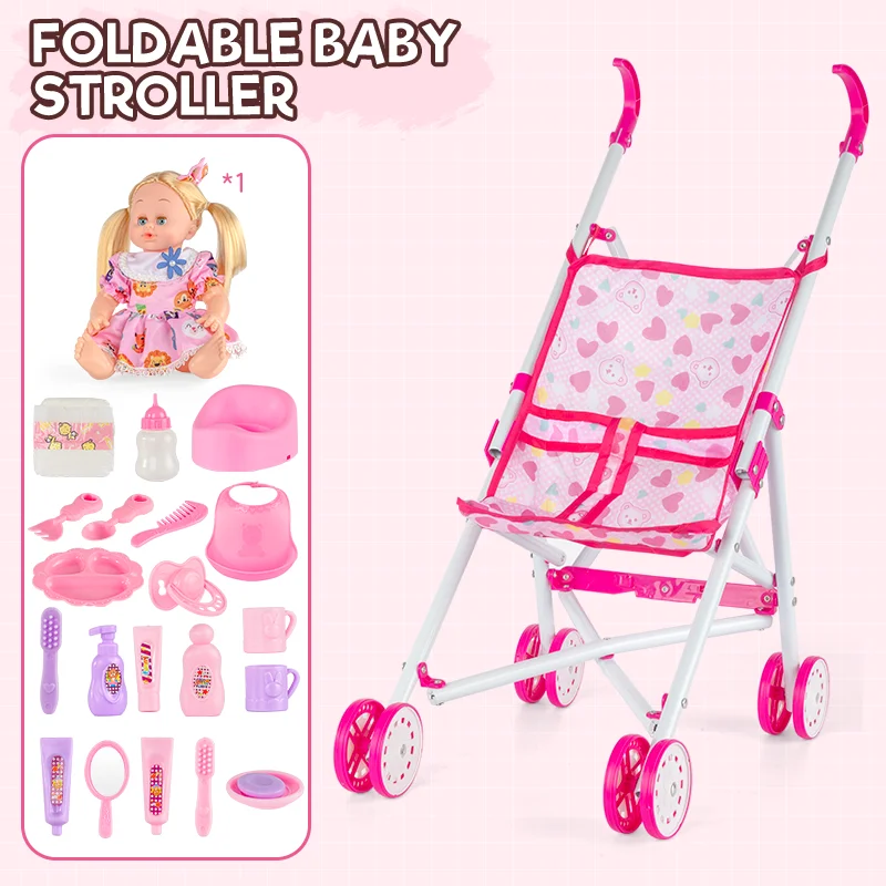 

Реалистичная кукла в комплекте со складной коляской для детей, с множеством подвижных суставов, издающих звук при нажатии, лежащая в положении лежа.