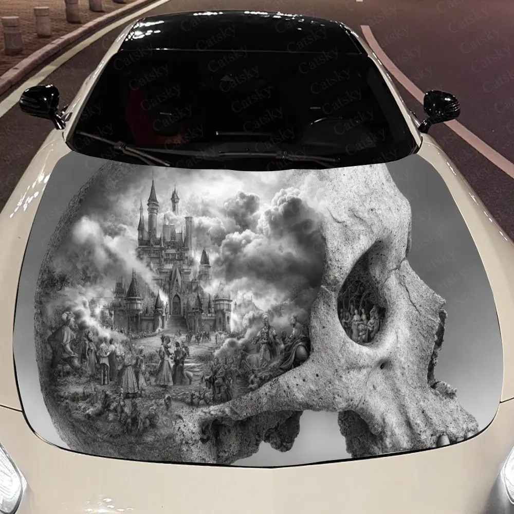 Building Cloud Skull Auto Cover Sticker, Waterproof and Self-adhesive Auto Hood Decal, Auto Vinyl Wraps, Cool Car Exterior Decal