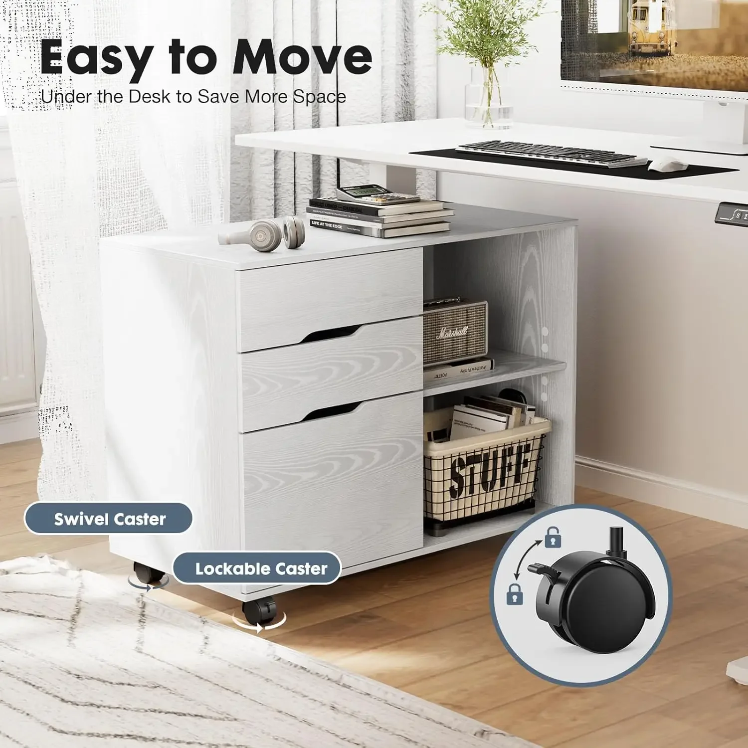 3 Drawers Lateral File Cabinet, Rolling Wooden Printer Stand Under Desk Storage Organizer