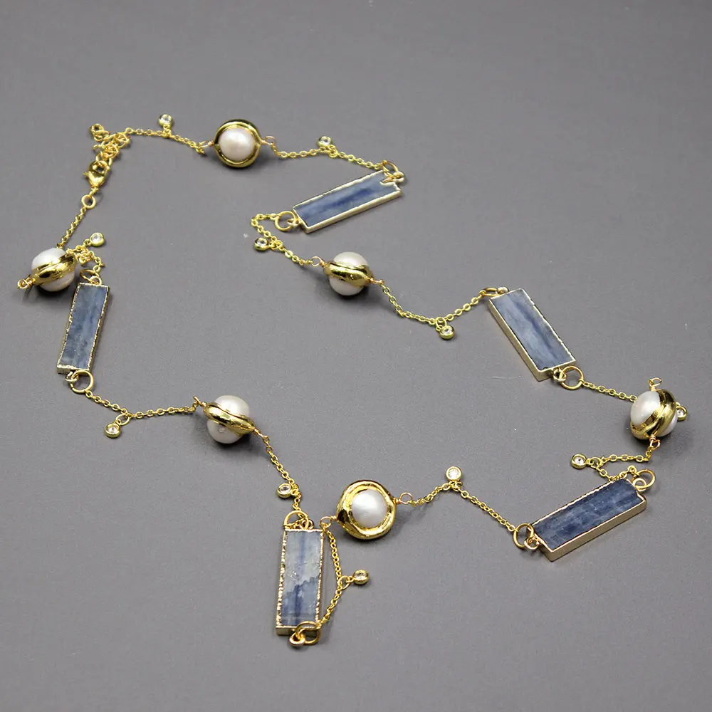 G-G Freshwater Natural White Pearl Natural Blue Kyanites Stone Connector Chain Long Necklace Sweater chain For Lady