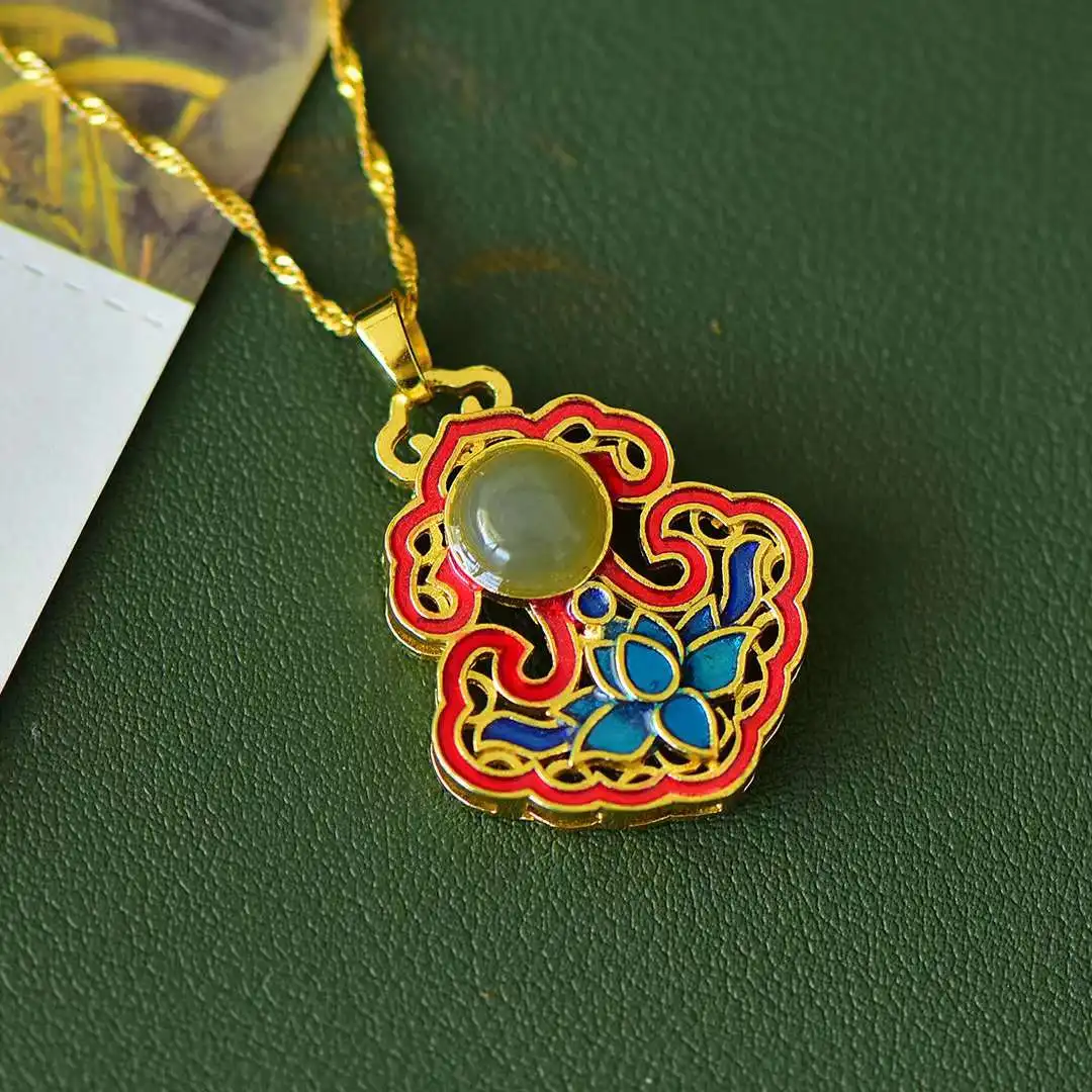 Copper Inlaid With Natural Hetian Jade Auspicious Flower 🌸 Enamel Color Pendant Women Necklace Jewellery Gifts