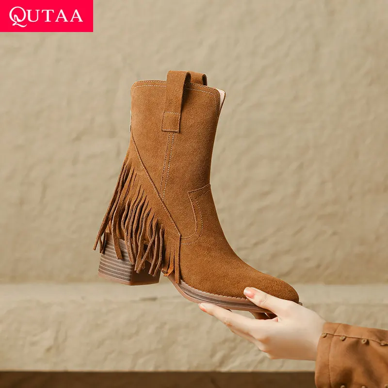 

QUTAA 2025 News Women Ankle Boots Sexy Fringes Autumn Genuine Leather Winter Chunky heel High Heels Black Shoes Size 34-39