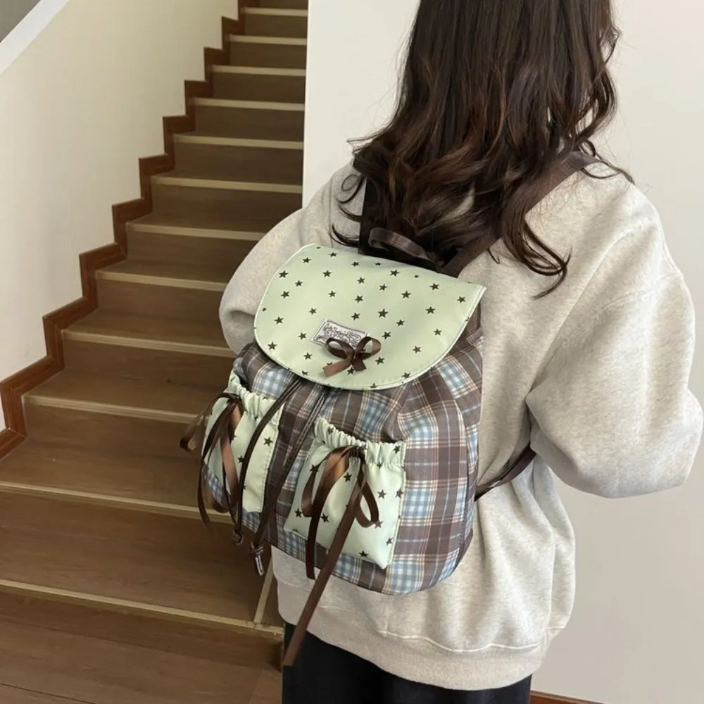 Sweet Bow Double Shoulder Bag Plaid Pattern Contrast Color Student Schoolbags Grid Pattern Star Print Mint Green Small Backpack