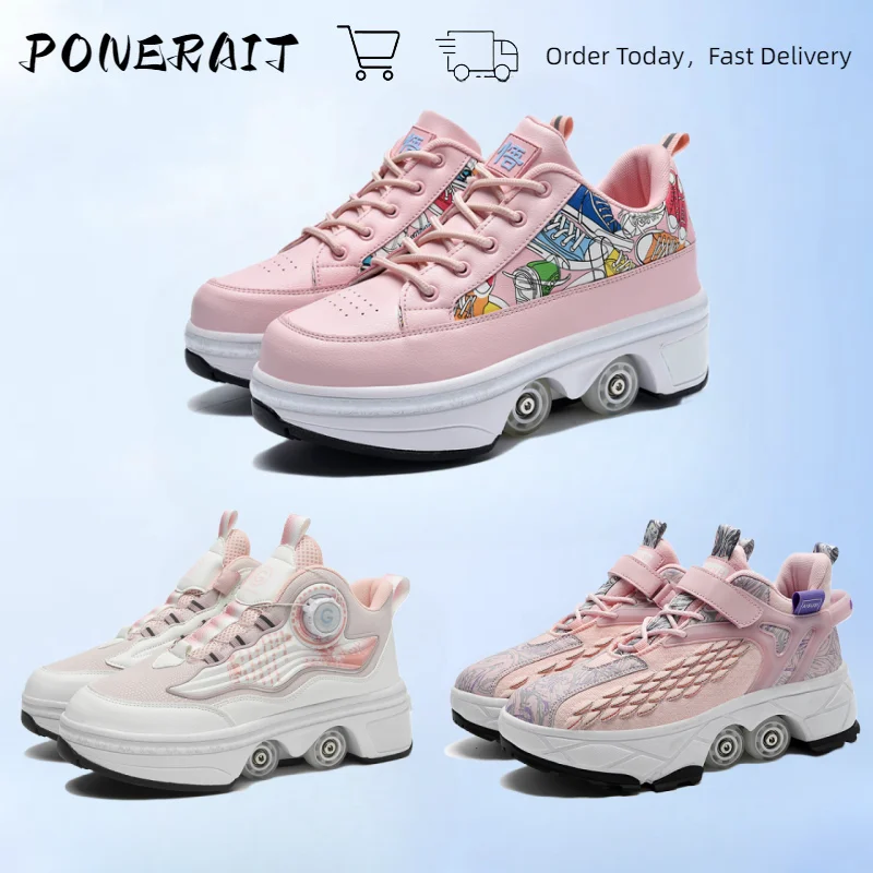 

Pink Four-Wheel Cute Girl Roller Skates Children's Invisible Shrinkable Deformation Sports Shoes With Wheels