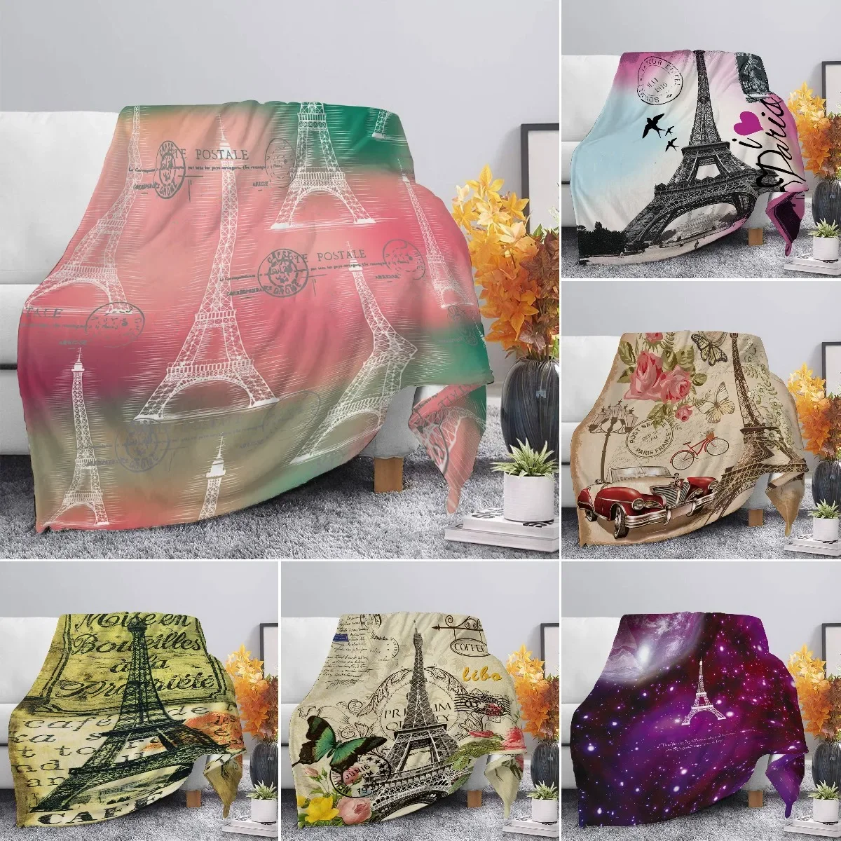 White Eiffel Tower Pink Background Flannel Throw Blanket Super Soft King Size Lightweight for Couch Bed Sofa As Gift for Girls