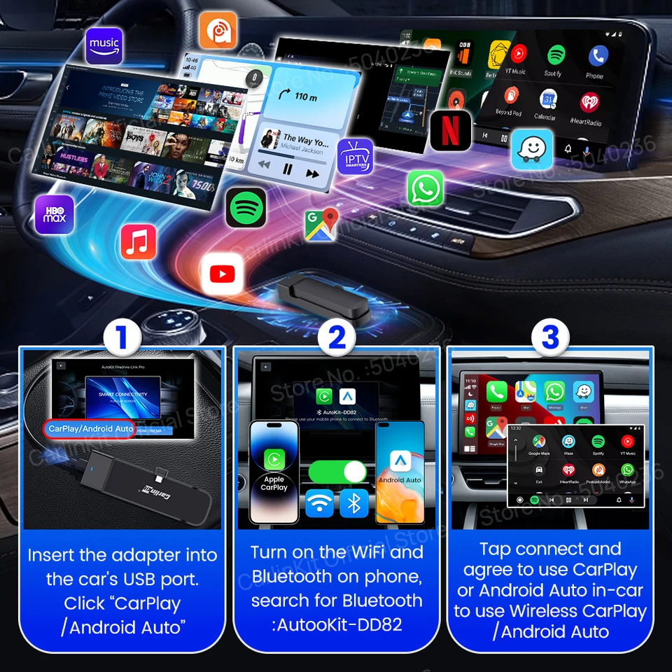Carlinkit FireDriveLinkPro FireTVを車で再生 CarlinKit FireDrive Link Pro 3-In-1 ワイヤレスアダプターワイヤレス