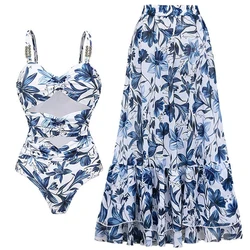 Flaxmaker Sling Lace Up V Neck Printed One Piece Swimsuit and Skirt Adjustable Shoulder Women Swimwear Set Push Up Bathing Suit