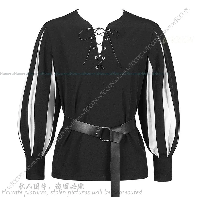 هالوين الرجعية القرون الوسطى الدراما زي مطابقة اللون التعادل قميص تأثيري بلوزة حزام المهرجانات السوداء حفلة تنكرية يتوهم