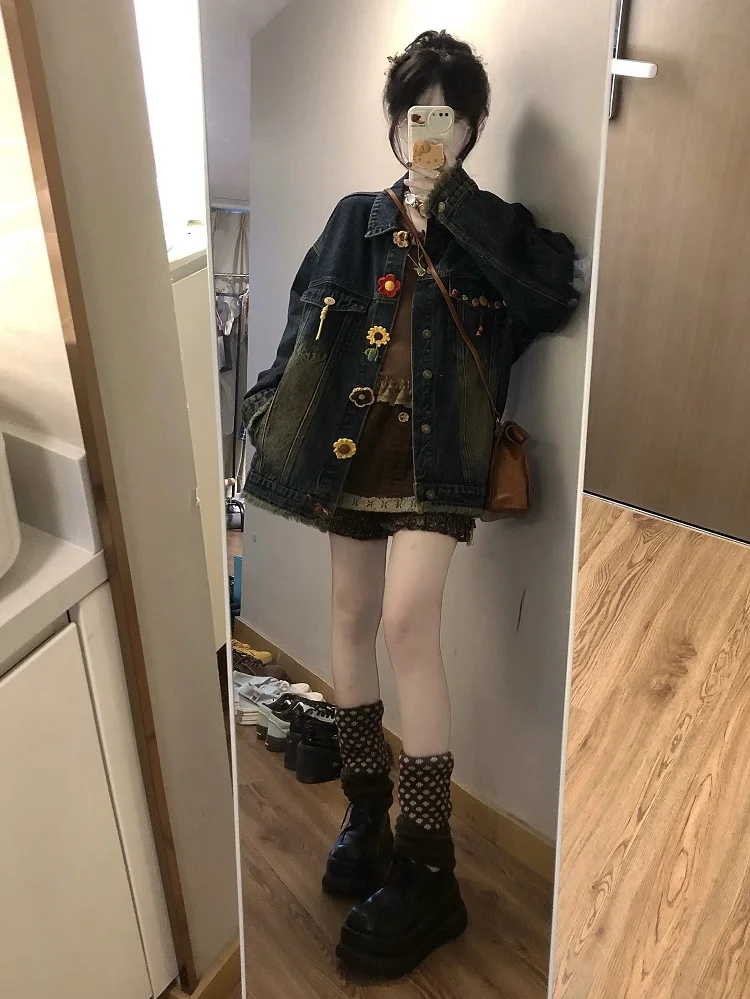 American Vintage Jean Jacket Women Long Sleeve Zipper Harajuku Safari Denim Short Coats 2000s Retro Clothing Outwear Chic