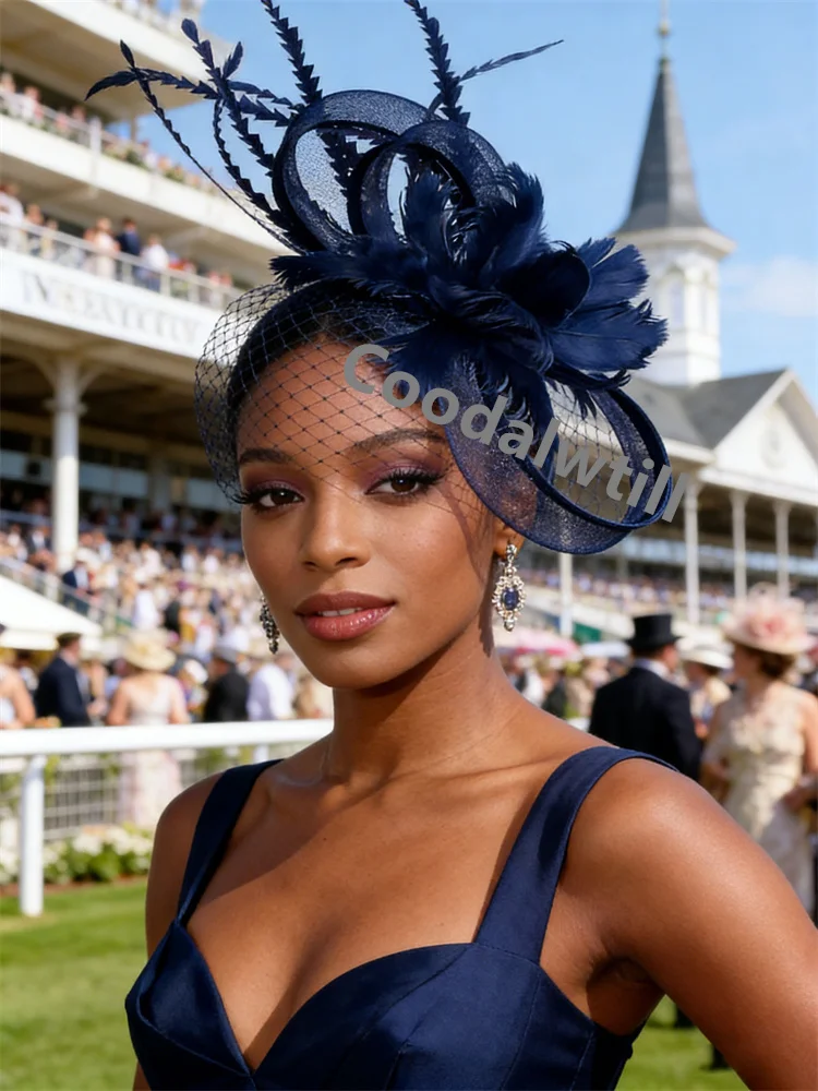 Royal Blue Mesh Hair Fascinator Hat Accessories Ladies Women Elegant Church Wedding Veil Race Headdress Bride Cocktail Pillbox image 3