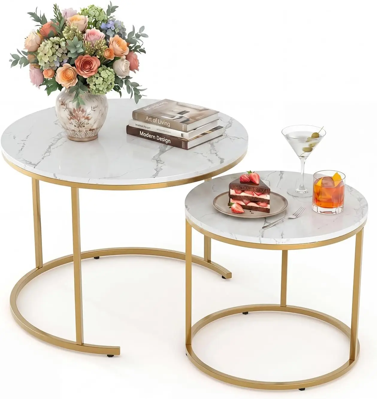 

Nesting Coffee Table Set of 2, Small Round Coffee Table, Nesting Tables for Living Room, Adjustable Rubber Feet Mat & Waterproof Tabletop, for Tearoom Deck Office
