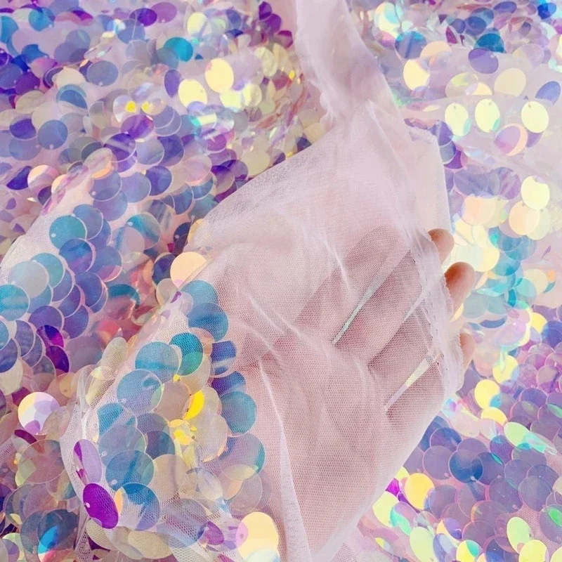Dreamy Laser Sequin Fabric Imitation Mermaid Scale Round Sequin Glitter Cloth Iridescent Shiny Dress DIY Sewing Background Decor