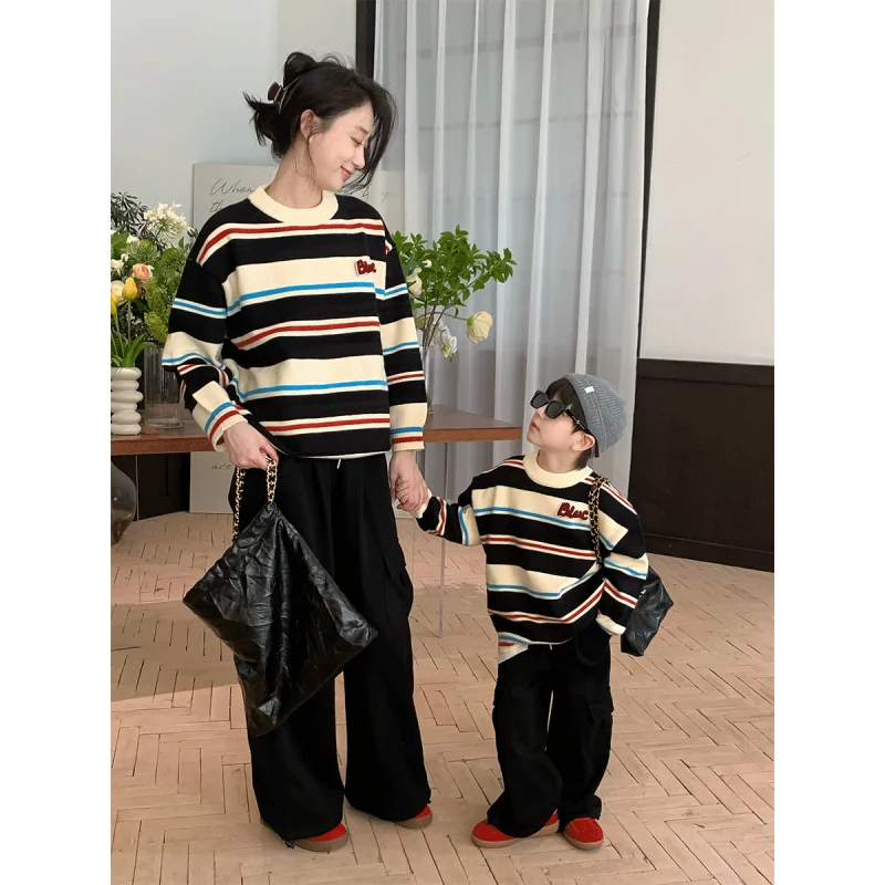 

Parent-Child Clothing Autumn and Winter New Parent-Child Labeling Striped SweaterT23Q50
