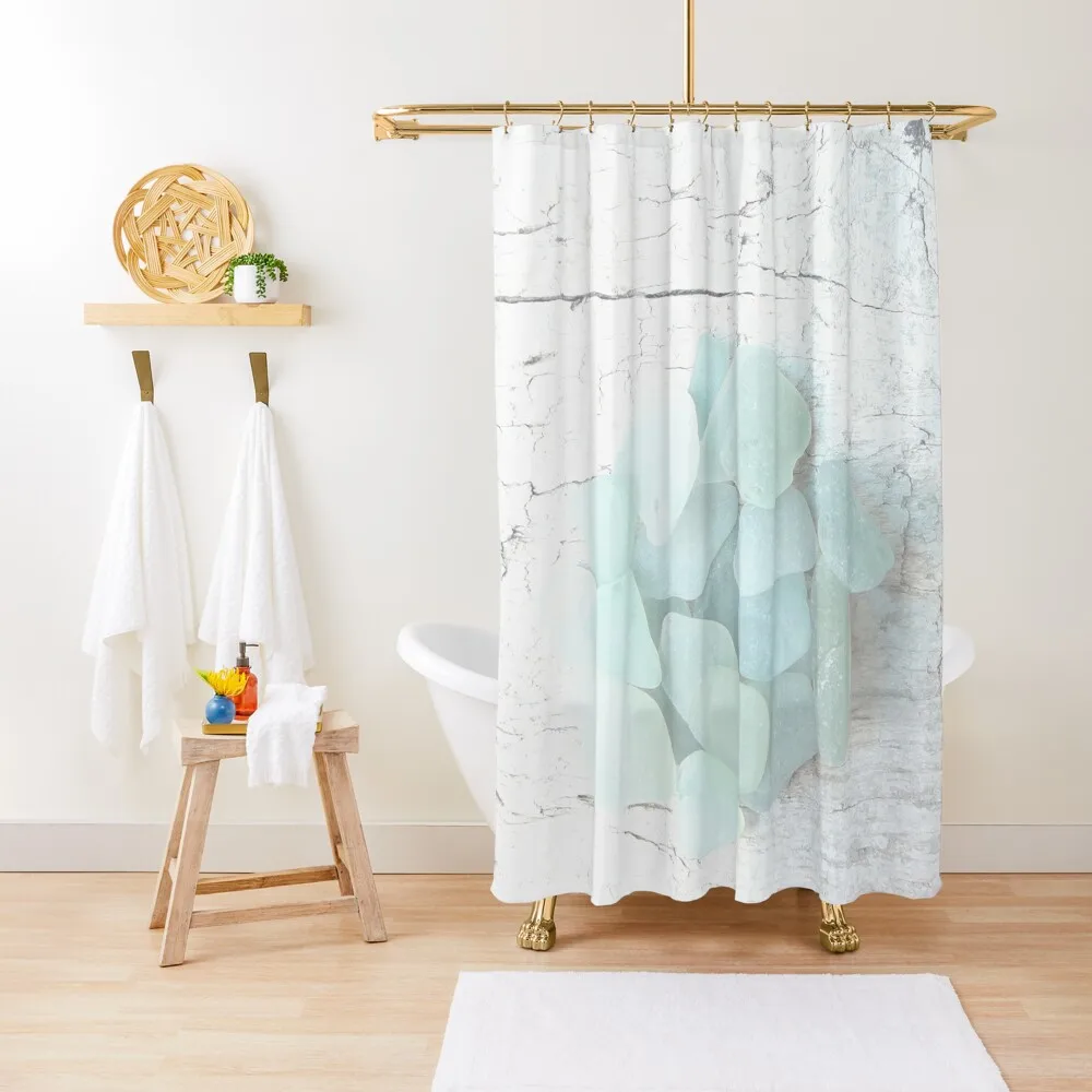 

Coastal Pale Turquoise Sea Glass on Weathered Faded Light Wood - Beach Aesthetic - Photo 3 of 8 Shower Curtain