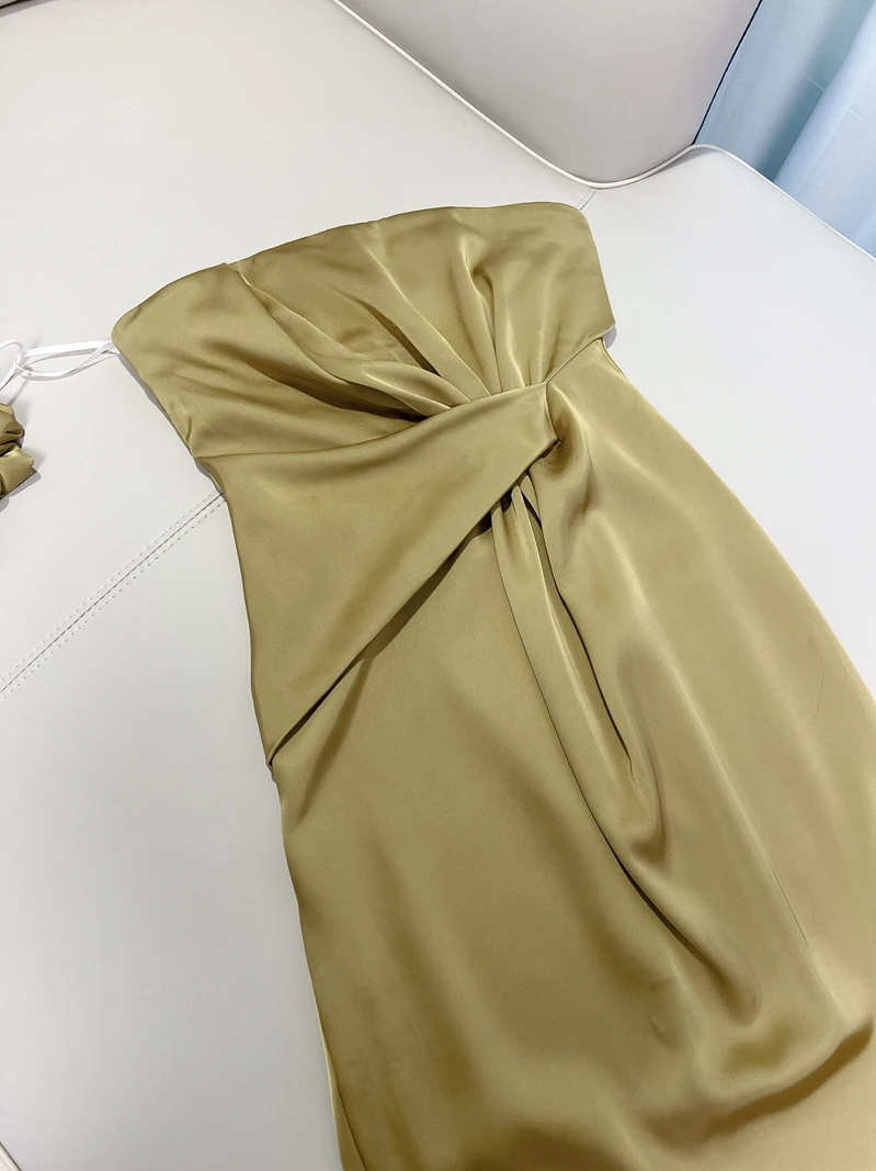 Ele een Silk Satin Dr Sexy oulder Bared Wrap Chest High Waist Long Skirt Vintage Sle  Summer Dr