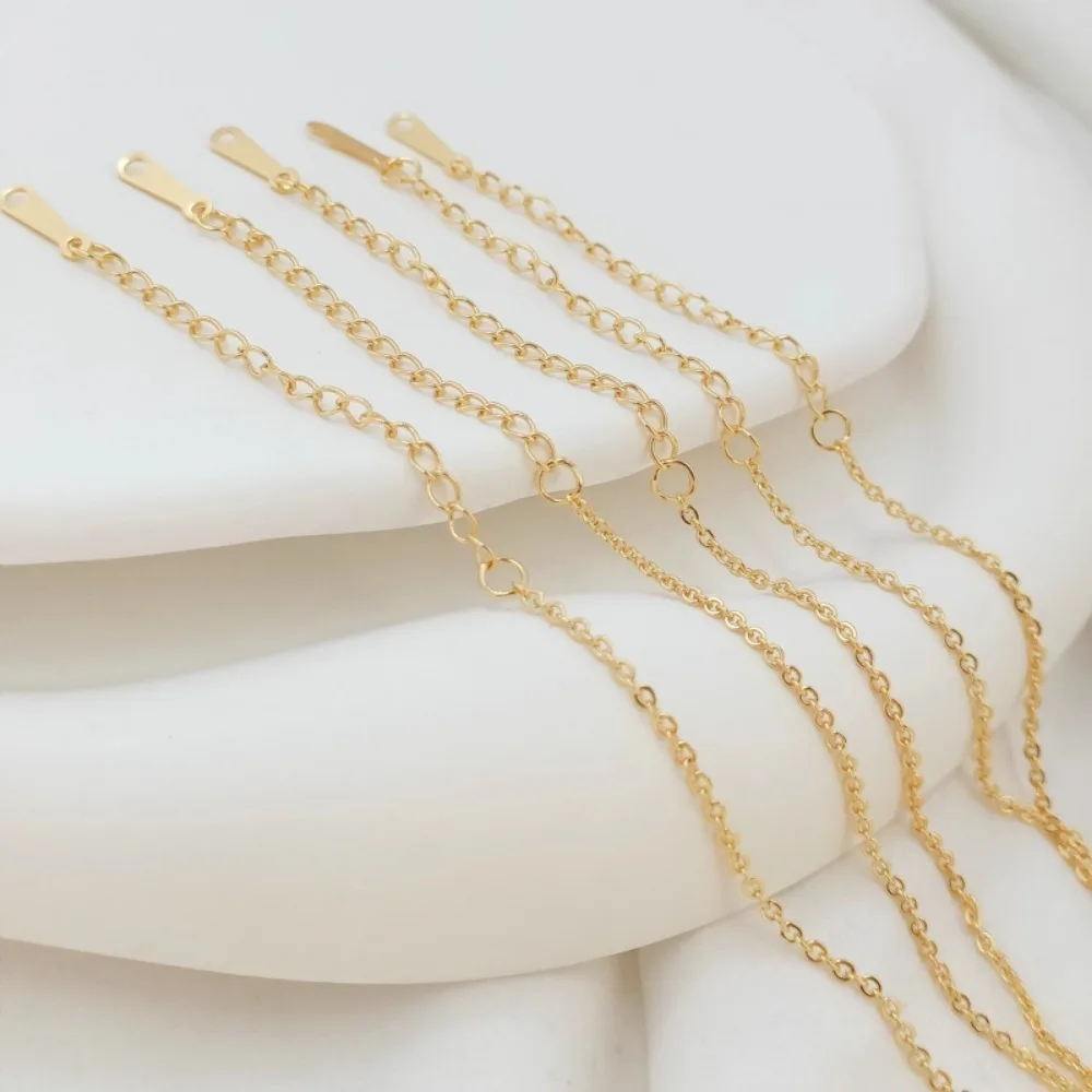 18K Copper-plated Real Gold 1.5mm Flat 0-chain Lobster Clasp Link Finished Necklace Extension Chain, Total Length 46 Cm