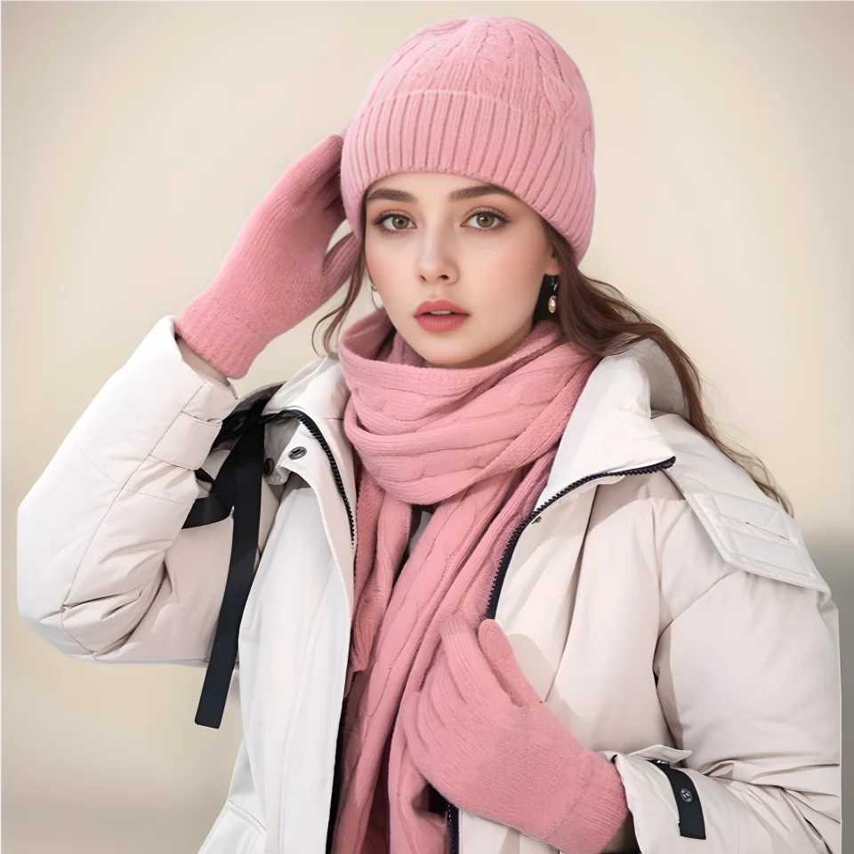 2024 Winter clothes casual keep warm fur glove thickening hat set knitted scarf