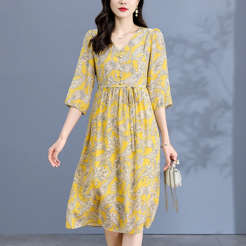 

100% Real Silk Women's Print Dress Spring Summer V-neck Elegant Dresses For Women A-line Three Quarter Sleeve Woman Long Dress