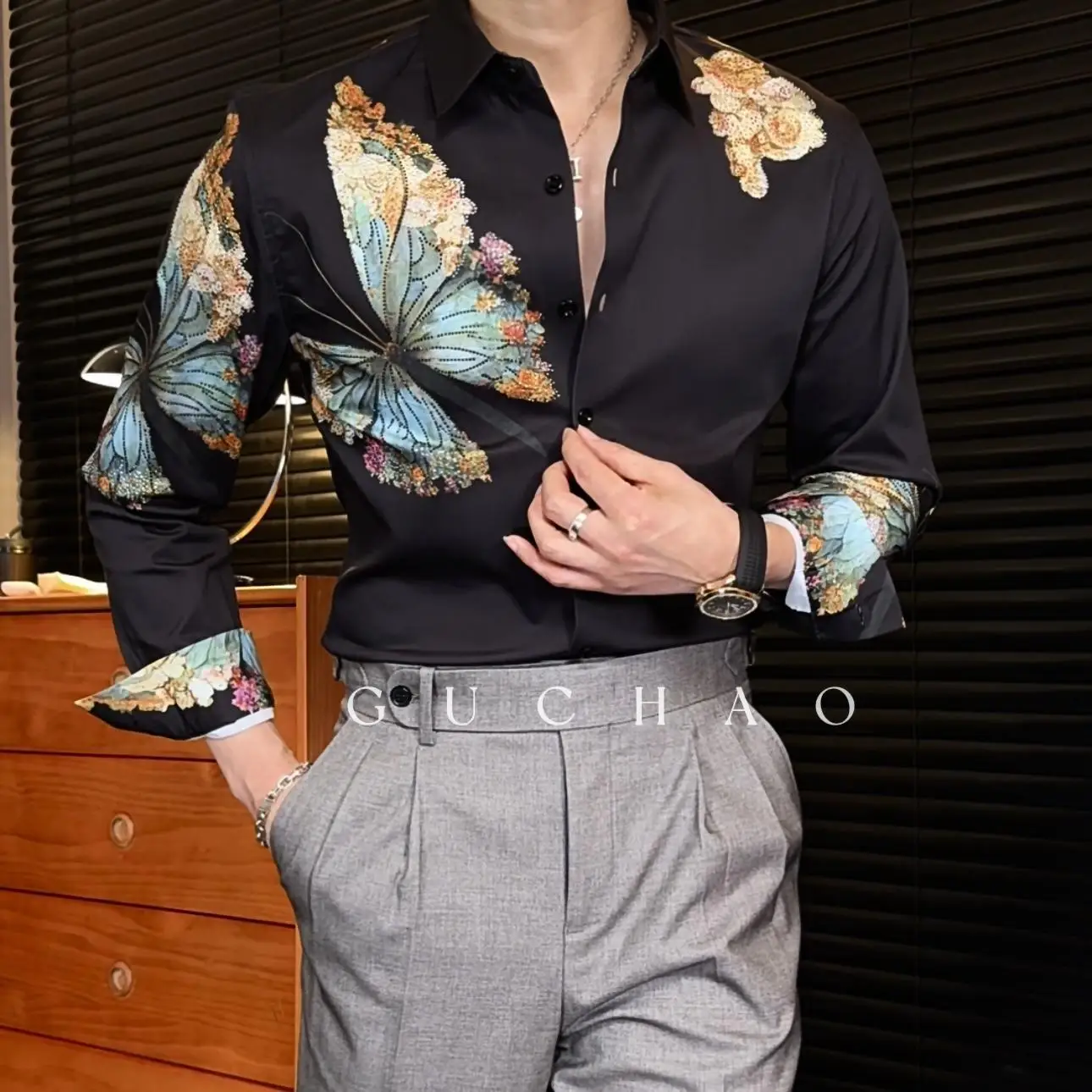 Autumn Winter Style Rhinestone Casual Versatile Fashionable Slim Fit Shirt Man Print Fashion Tops Butterfly Chic Male Clothes