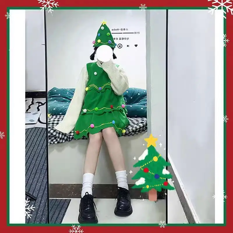 Weihnachts-Cosplay-Kostüm-Set für Erwachsene und Kinder, grünes Weihnachtsbaum-Outfit, niedlich, festlich, Urlaub, Party, Familie, passende Kleidung