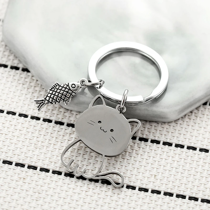 Funny Cartoon Cat Fish Keychain Couple Lovers Stainless Steel Keyring Lovely Pendant Key Chain Valentine\'s Day Gift Jewelry