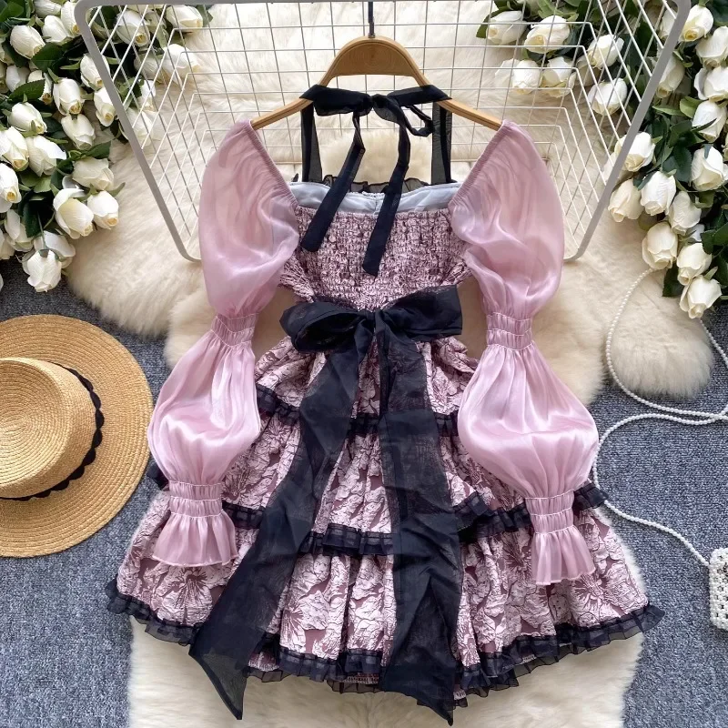 French Style Vintage Bow Lace Up Mini Dress for Women Kawaii Elegant Sweet Long Sleeves Party Dresses Retro Lolita Pleated Skirt