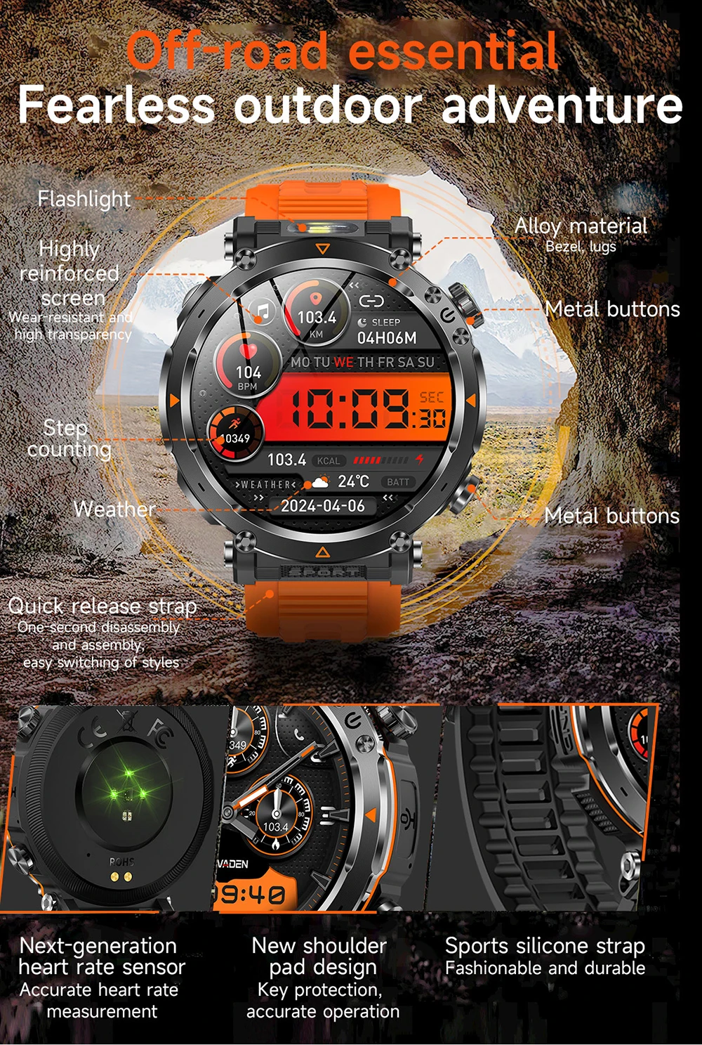 MEVADEN 1,7" großer Bildschirm Outdoor-Sportkompass Smart Watch Bluetooth Anruf Taschenlampe 600mAh Gesundheitsmonitor Smartwatch MD57 – Detail 4