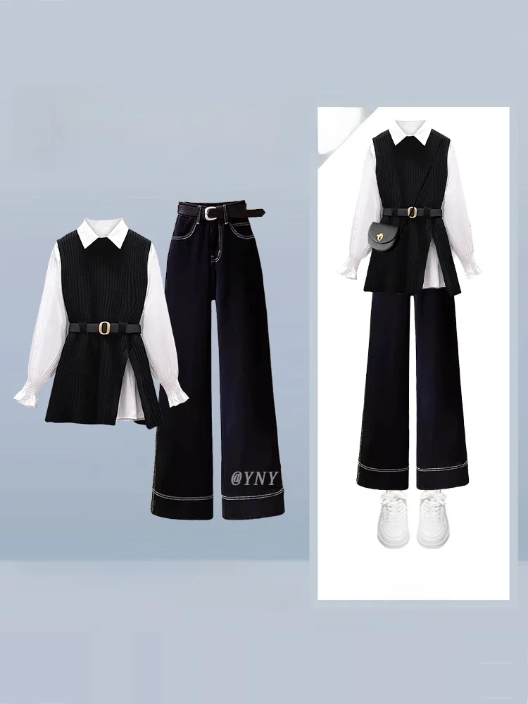 

Модный вязаный жилет irt и прямые джинсы, женский осенний комплект, футболка с высокой талией, модный антивозрастной комплект