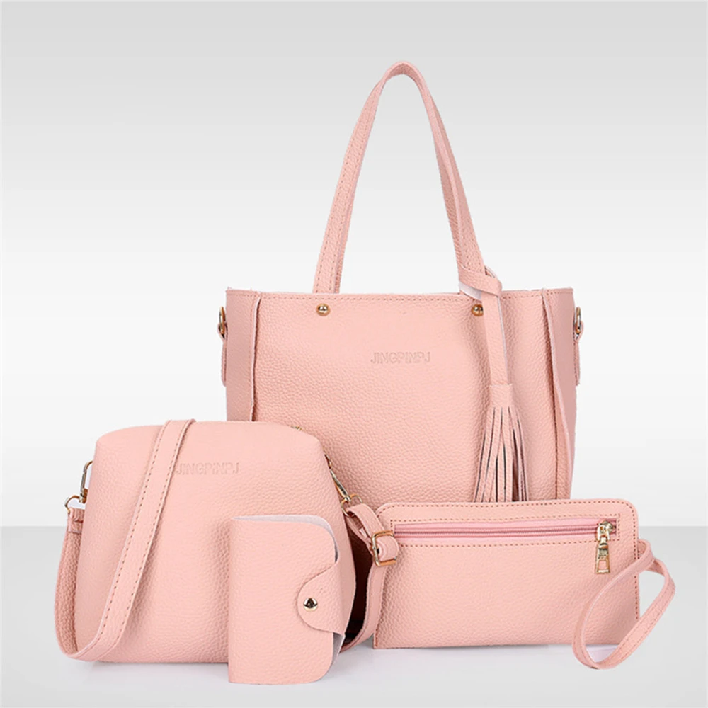 4pcs/Set Fashion Tassels Decoration Pu Leather Shoulder Bag Crossbody Bag Handbag Purse Wallet Solid Color Women Bag Combos 2024