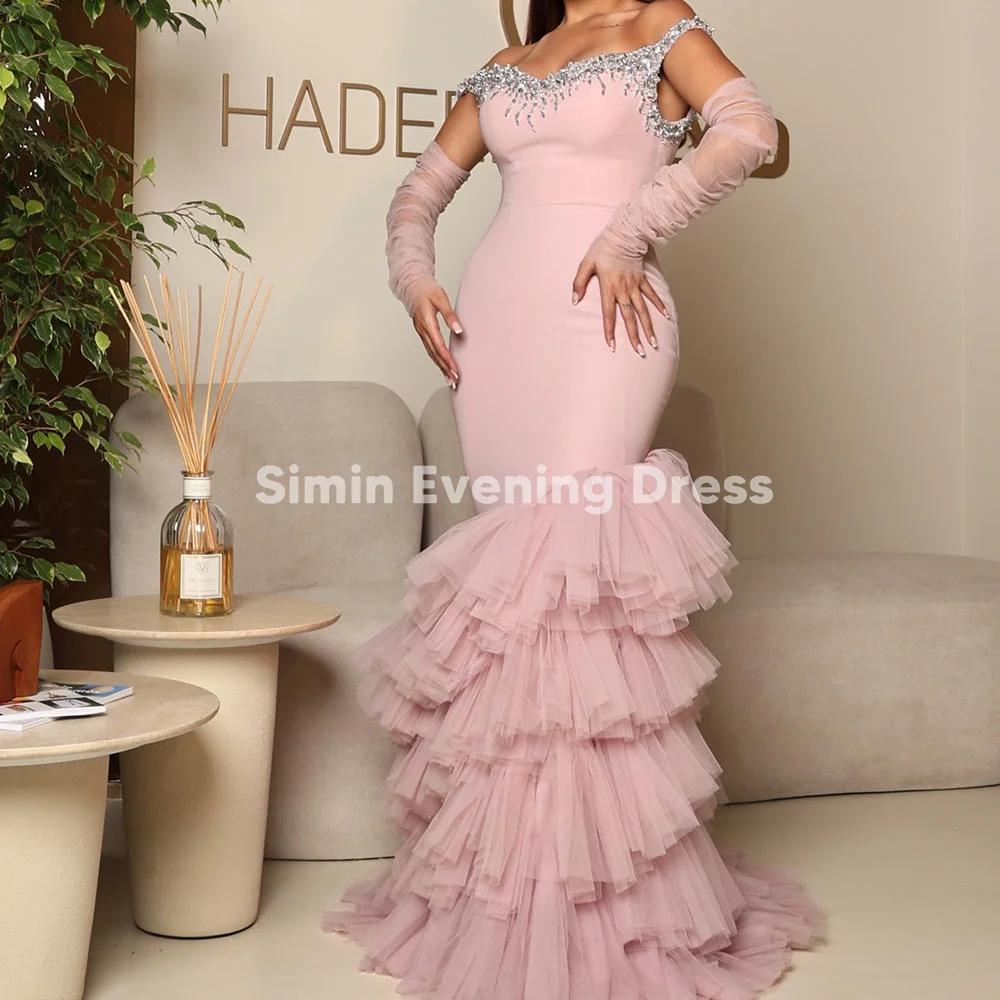 

Simin Women's Crepe Spaghetti Beaded Floor-Length Saudi Evening Dresses With Tulle Tierde Mermaid Elegant Party Dresses 2025