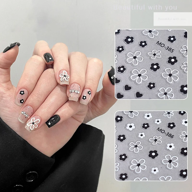 Blossom 3D Nail Stickers White Black Flower Petals Nail Art Decals Elegant Wedding Design Spring Flower Manicure Slider Decor