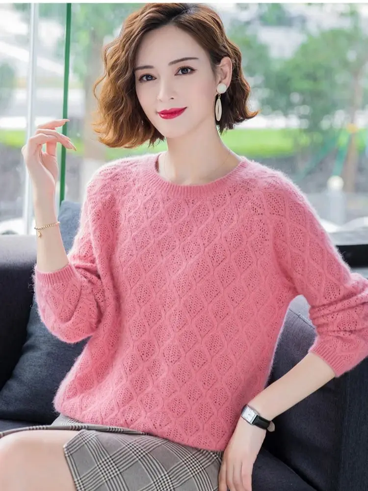 2024 New Fashion Women 100% Mink Cashmere Sweater Autumn Winter Knitwear  O-Neck Hollow Female Grace Soft Casual Loose Tops