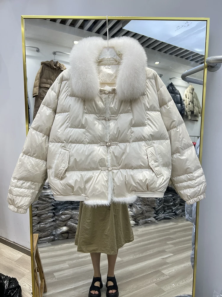 2022 Real Fox Bontkraag Winter Vrouwen 90% Witte Eend Donsjack Dames Korte Warm Puffer Jas Vrouwelijke Losse Vintage down Parka