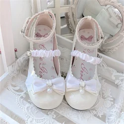 Japanese Style Lolita Cosplay Shoes Sweet Victorian Girl Elegant Tea Party Princess Round Head Bow Pearl Lace Middle Heel Shoes