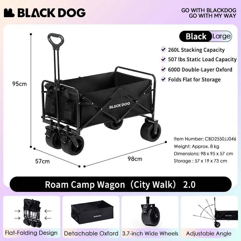BLACKDOG Campingwagen met tafelblad, stevige, opvouwbare transportwagen voor buiten, strand en tuin, 2026 draagbare, inklapbare wagen