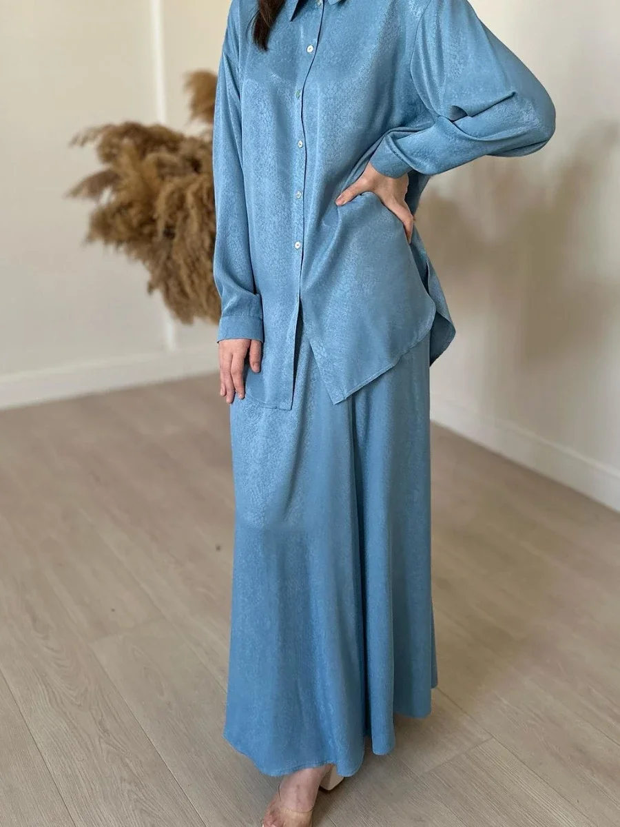 Ramadan Two Piece Sets Shirt &Pants Women Muslim Suits Shirt Blouse Musulman Ensembles Moroccan Kaftan Islamic Dress Sets