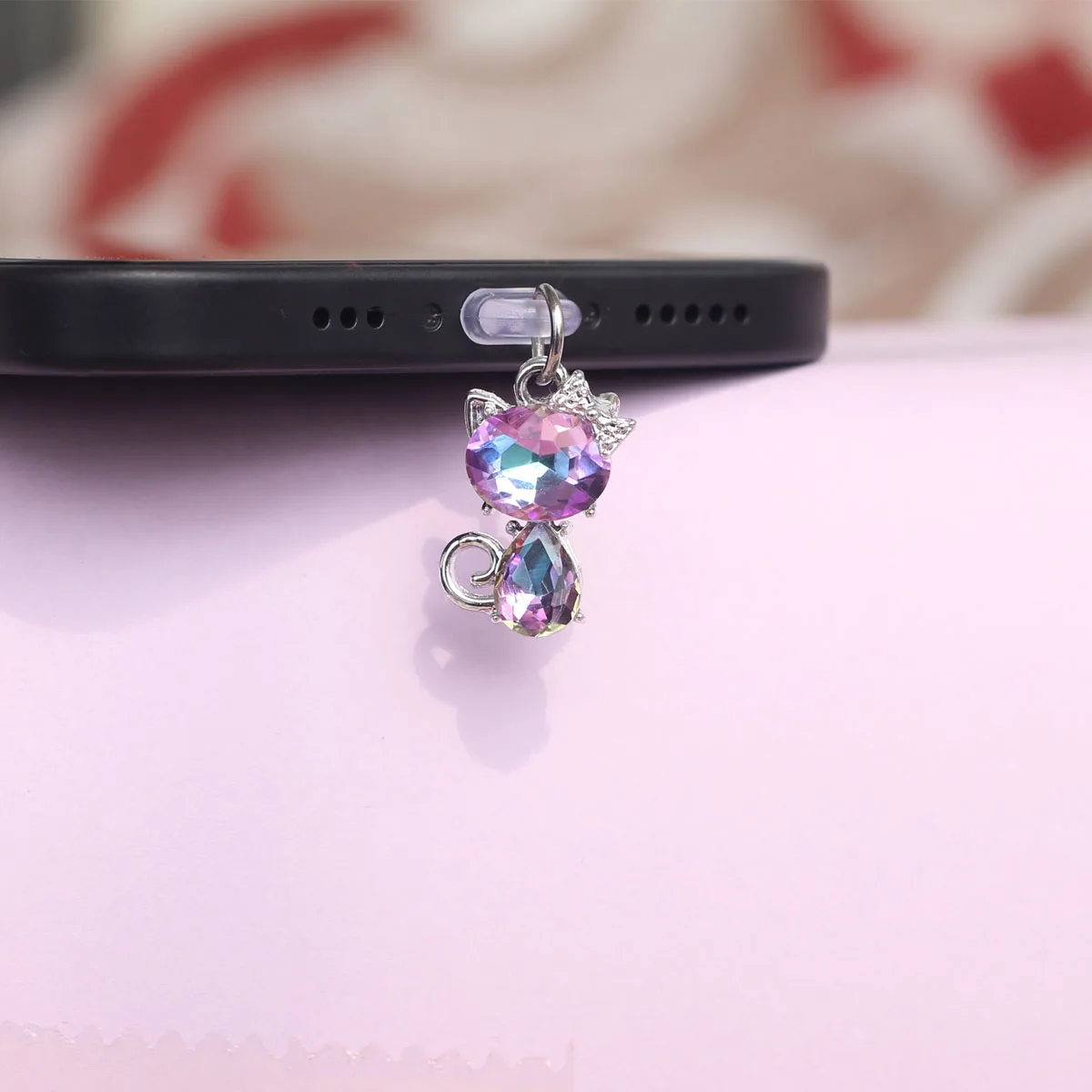 Mobile Phone Dust Plug Artificial Zircon Glass Bow For Cute Cat Pendant Accessories Decoration For Iphone Type-c Port