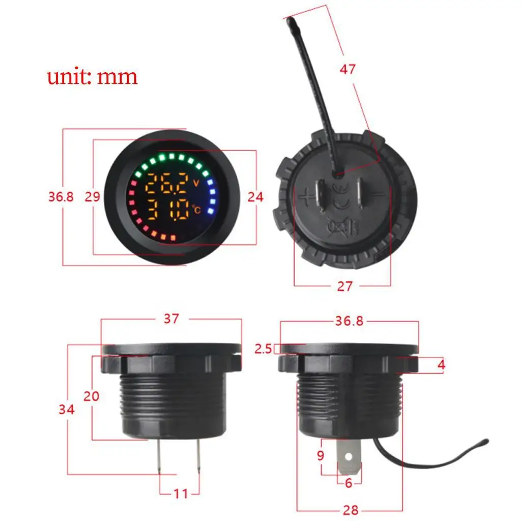 Car Digital Temperature Voltage Monitor 12V 24V Easily Install Dual Display