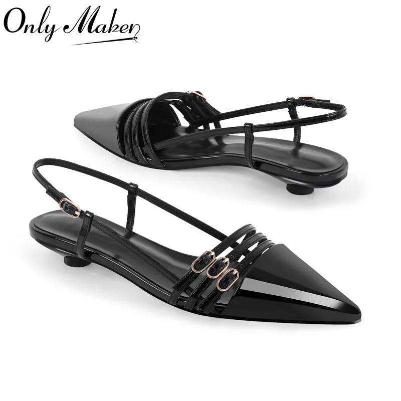 Onlymake Women Pointed Toe Black Patent Leather Slingback Ballet Flats Strap Retro Elegant Big Size Daily Flats