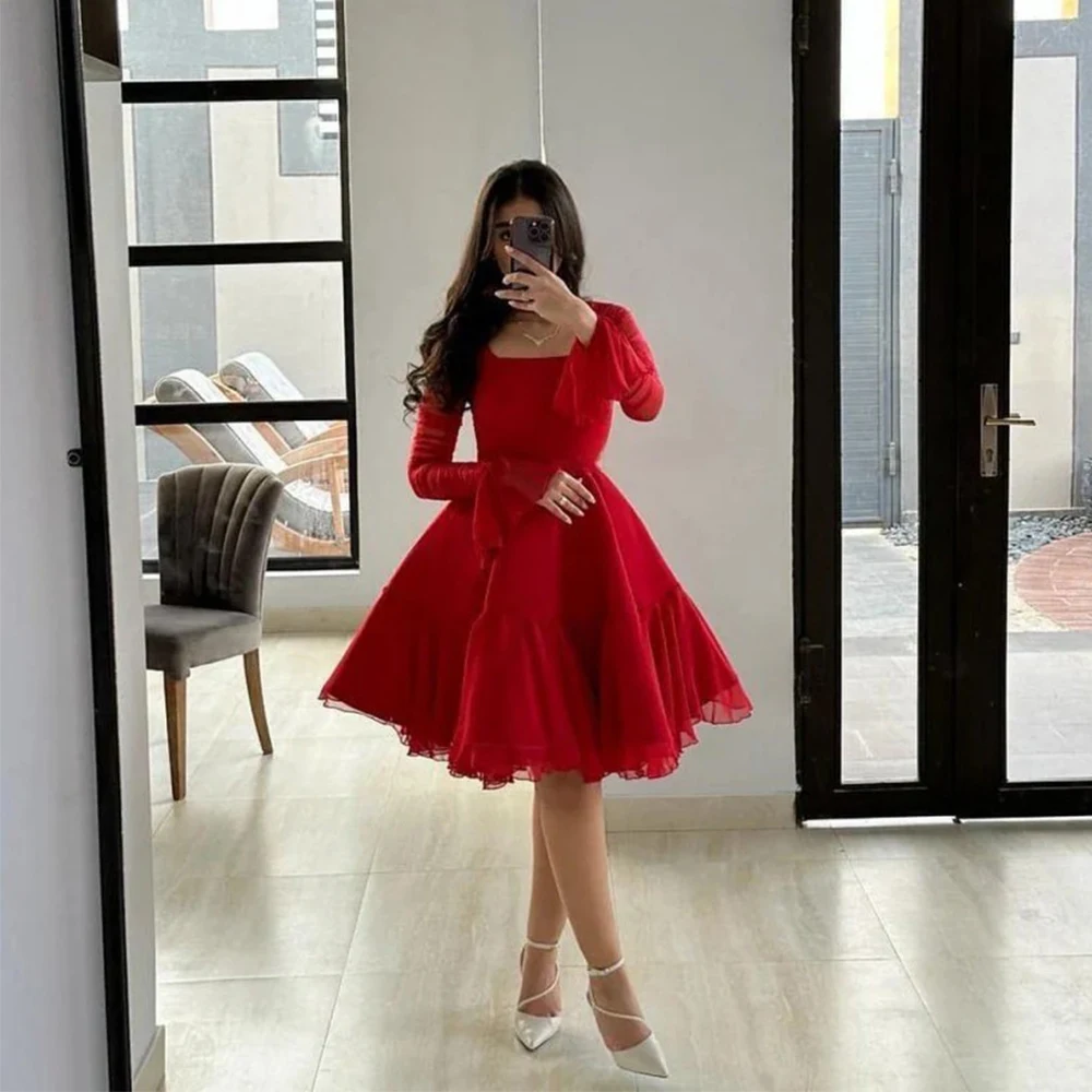 

Flechazo Flare Long Sleeves Evening Dress High Neck and Square Collar A-Line Knee Length Women Party Custom Made Short Gowns