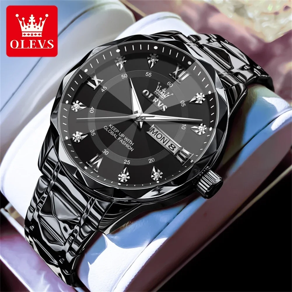 OLEVS Men\'s Watches Rhombus Design Black Stainless steel Calendar Week Waterproof Luminous Original Quartz Wrist watch for Men