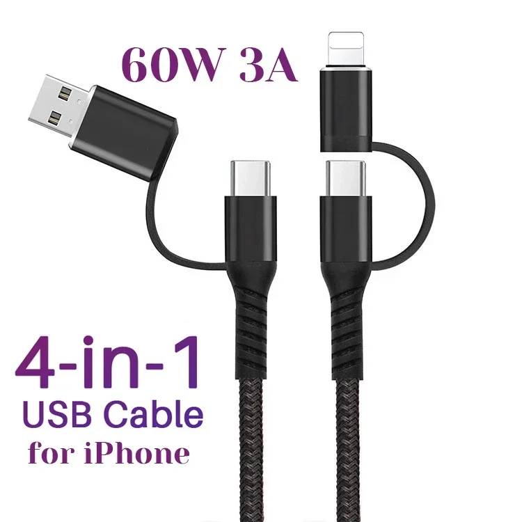 4 In 1 Usb Type C Fast Charging Cable for Huawei Iphone 14 Pro Max PD 60W 3A Usb Type-C Cable for Samsung Xiaomi Redmi