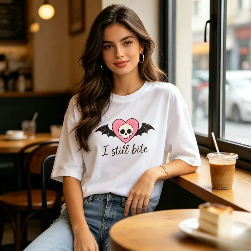 I still bite Women T‑Shirt Cute Skull Bat Pink Heart Graphic Print Modal Soft Loose Short Sleeve Tee for Streetwear Party