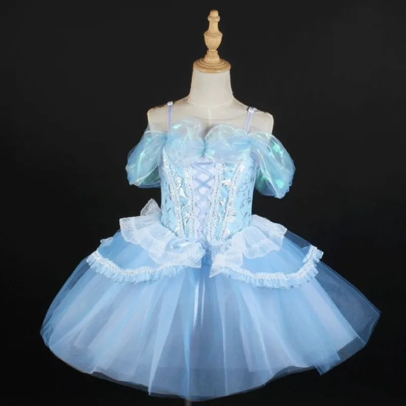 Off-Shoulder Sleeves Embroidered Lace Ballet Stage Performance Gauzed Dancewear Ballerina Girls Dance Costume Women Ballet Dress