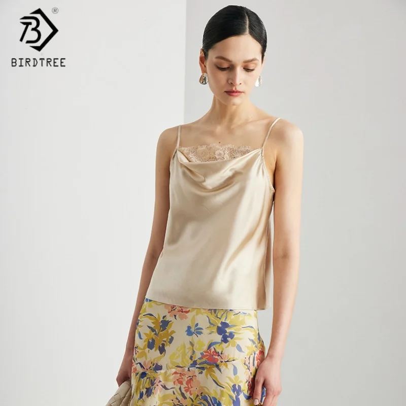 

Birdtree,90% Real Silk 10% Spandex Camisole,Women Silk Stretch Satin Sleeveless Sling Tank Tops,2025 New Solid Vest T5D805JF