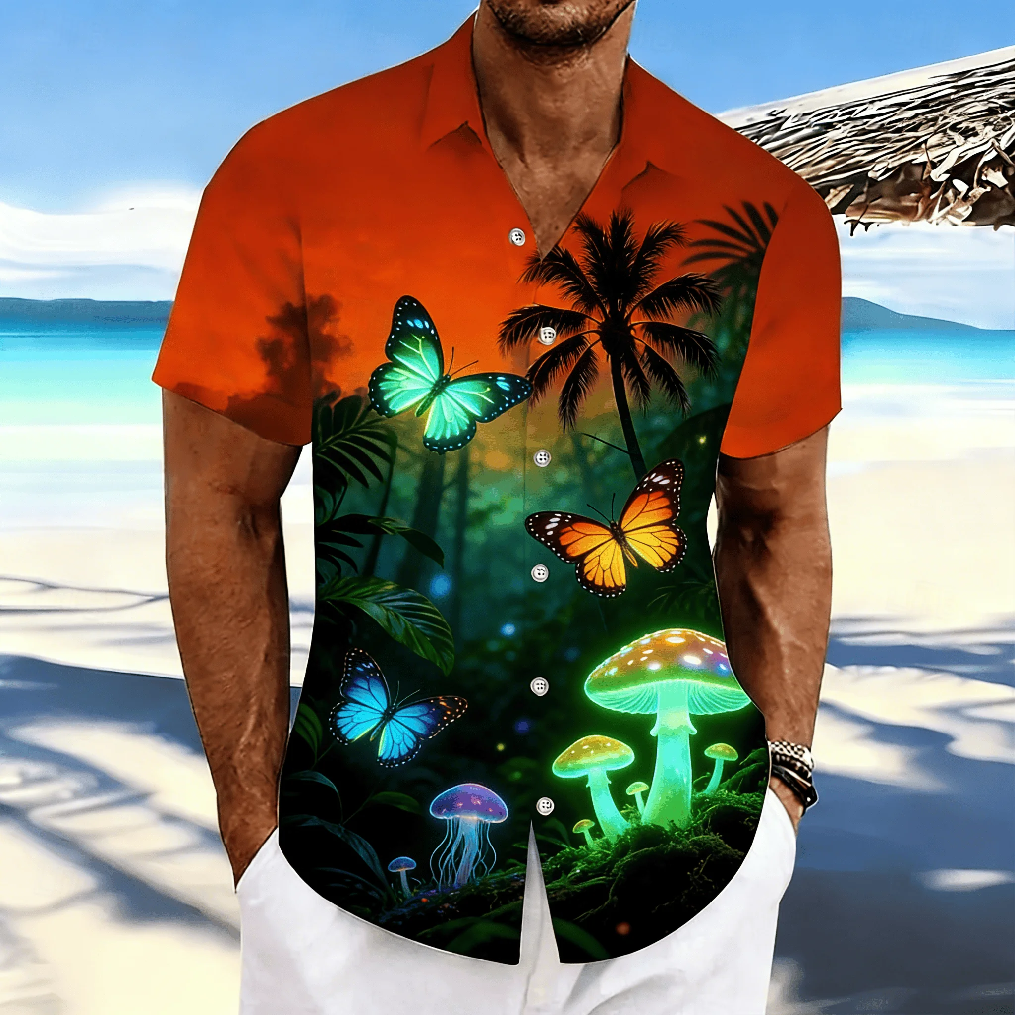 

Men's Orange Butterfly Print Short Sleeve Shirt, Spring Summer Fantasy Vacation Casual Top, Pocket Lapel Style