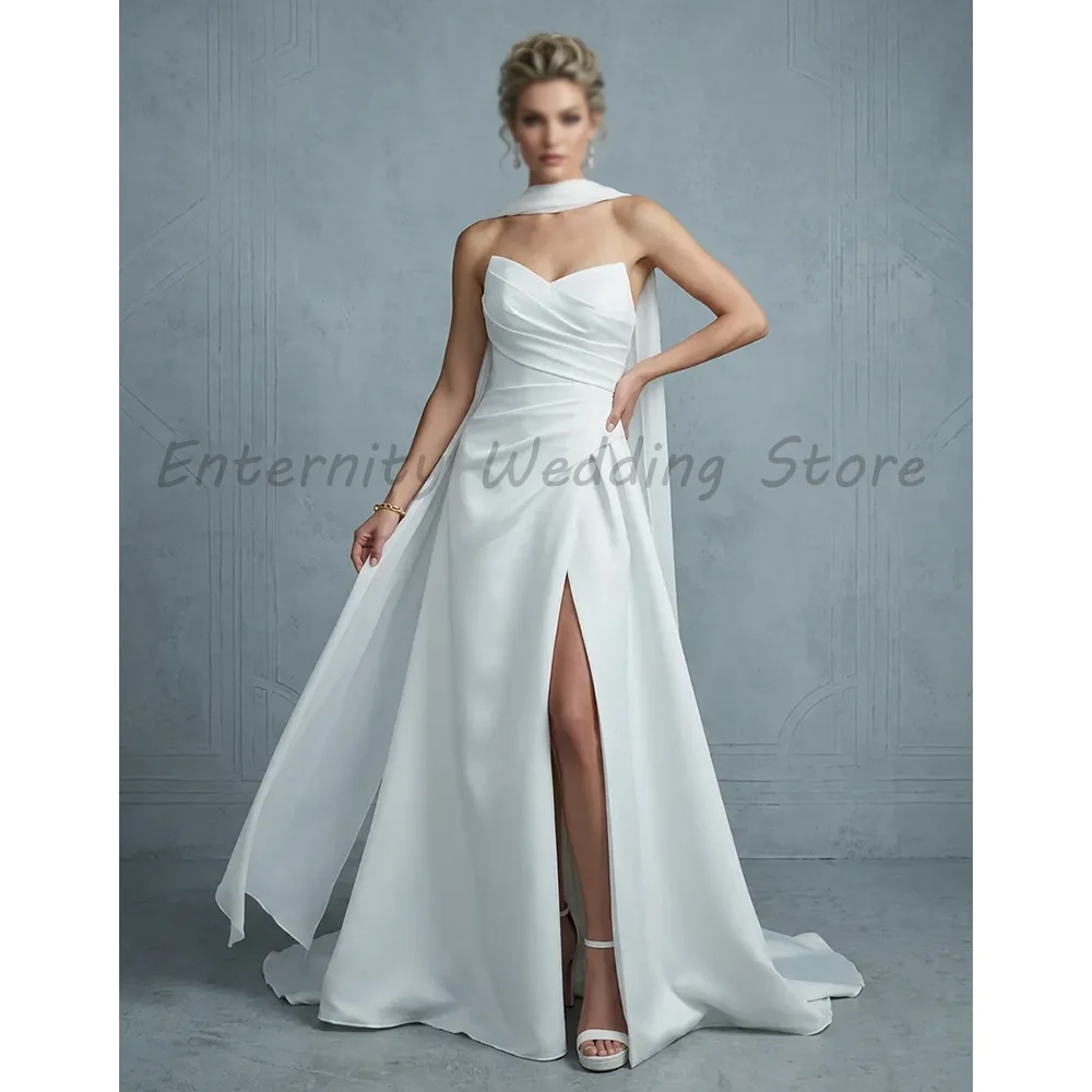 White Satin Sheath Wedding Dress Strapless Sweetheart Ruched Bodice High Slit Detachable Long Cape Floor Length Bridal Gown